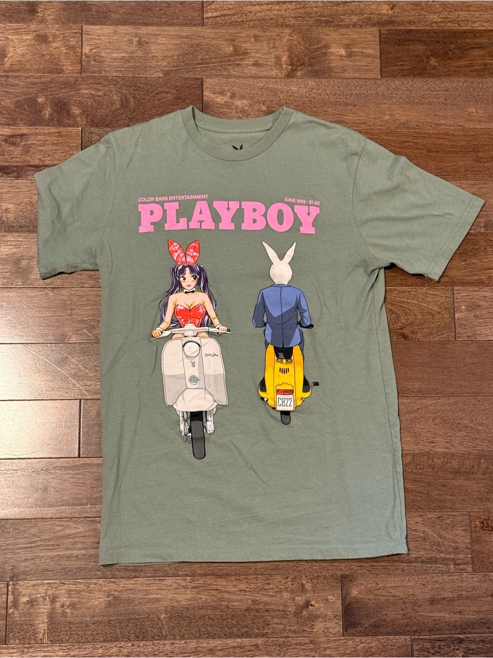 PLAYBOY Sage Green Tee with Pink Logo and Scooter Art